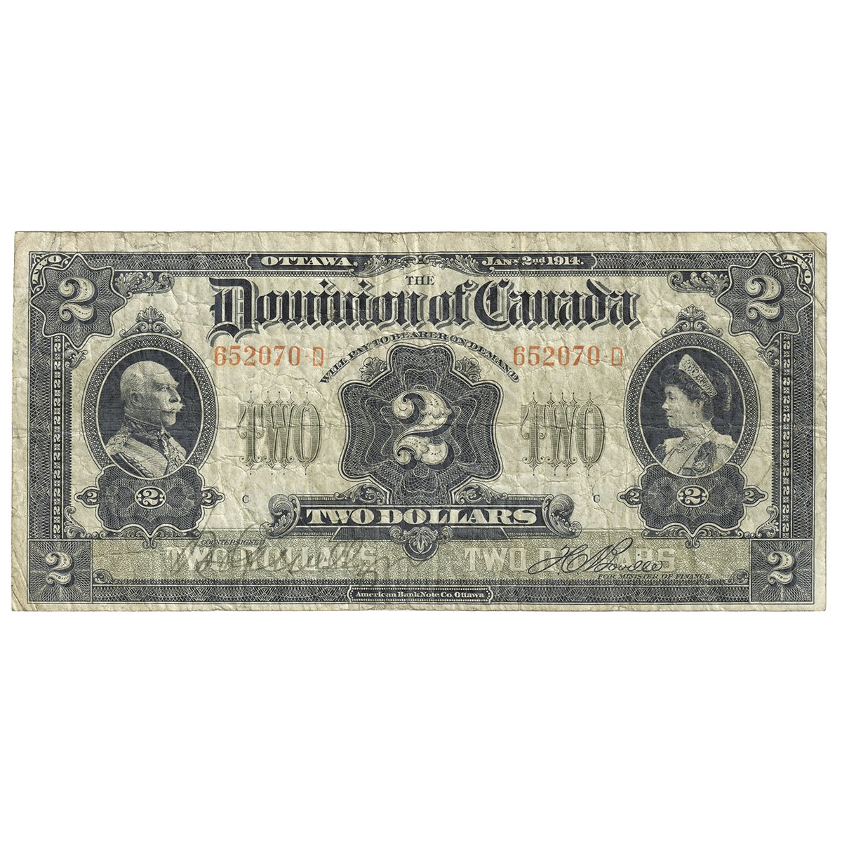 DC-22a-i 1914 Dominion $2 Various-Boville, No Seal, Curved, Fine (F12)