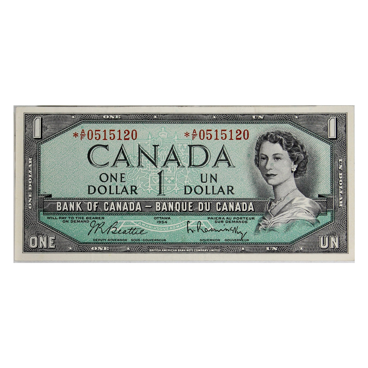BC-37bA-i 1954 Canada $1 Beattie-Rasminsky, *A/F, Almost Uncirculated (AU50)