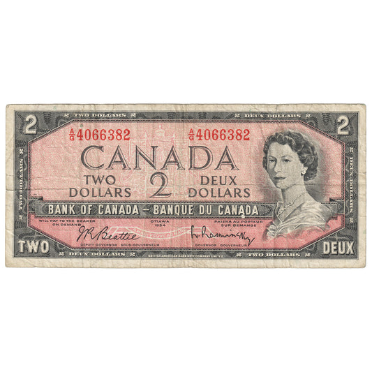 BC-38b 1954 Canada $2 Beattie-Rasminsky, A/G, Circulated
