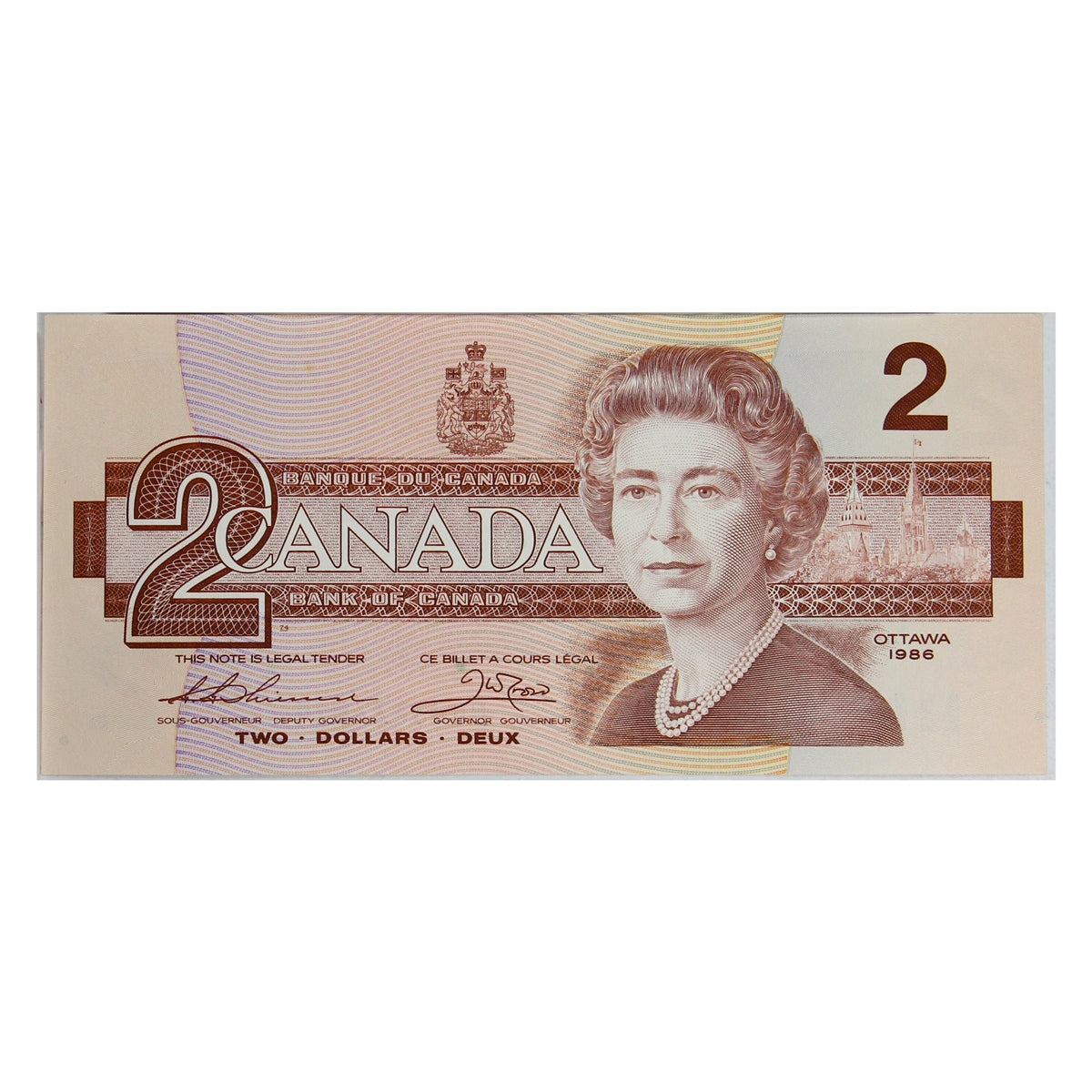 BC-55b 1986 Canada $2 Thiessen-Crow, 2 Large Bs, BGJ, AU-UNC (AU55)