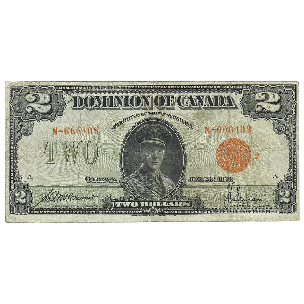 DC-26g 1923 Dominion $2 McCavour-Saunders, Red Seal, Group 2, Fine (F12)