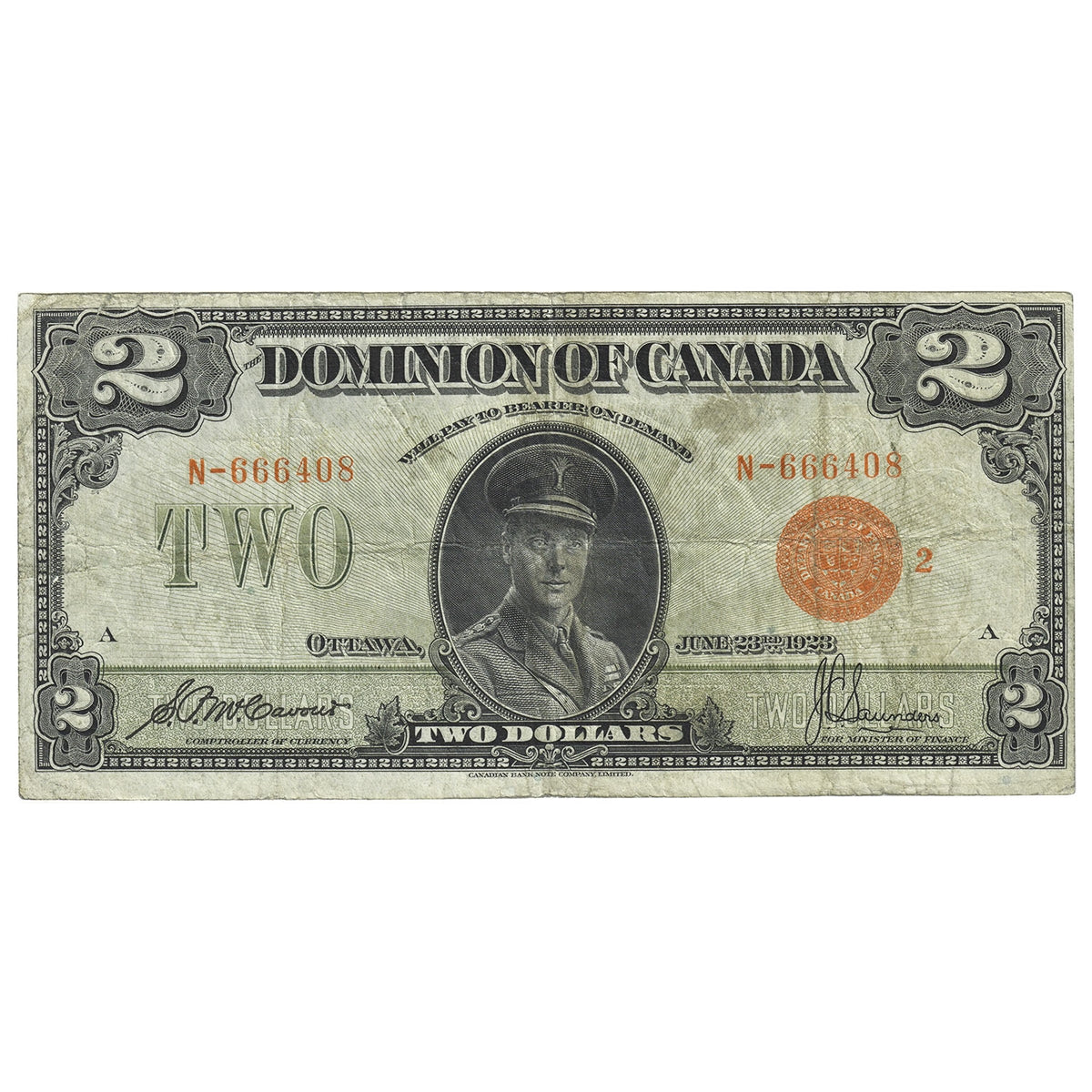 DC-26g 1923 Dominion $2 McCavour-Saunders, Red Seal, Group 2, Fine (F12)