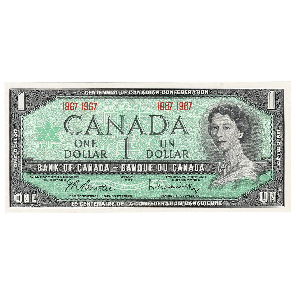 BC-45a 1967 Canada $1 Beattie-Rasminsky, 1867-1967, No Serial #, AU-UNC (AU55)