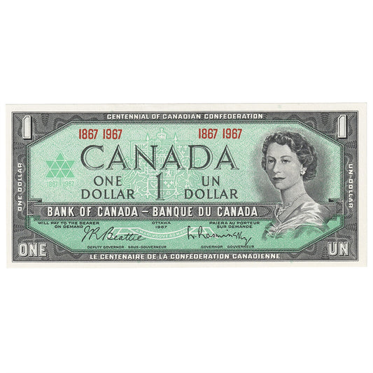 BC-45a 1967 Canada $1 Beattie-Rasminsky, 1867-1967, No Serial #, AU-UNC (AU55)