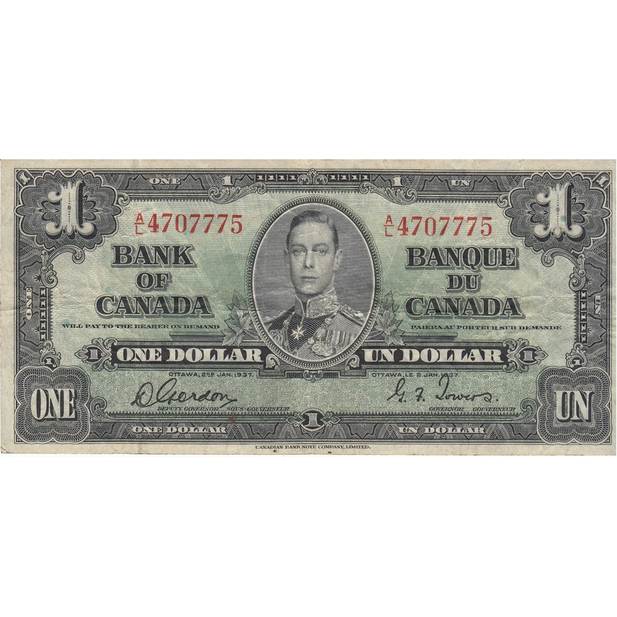 BC-21c 1937 Canada $1 Gordon-Towers, A/L, F-VF (F15)