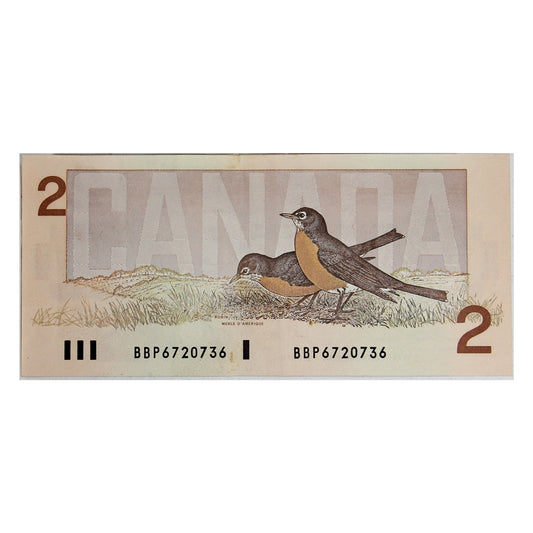 BC-55b 1986 Canada $2 Thiessen-Crow, BBP, Small B, Extra Fine (EF40)