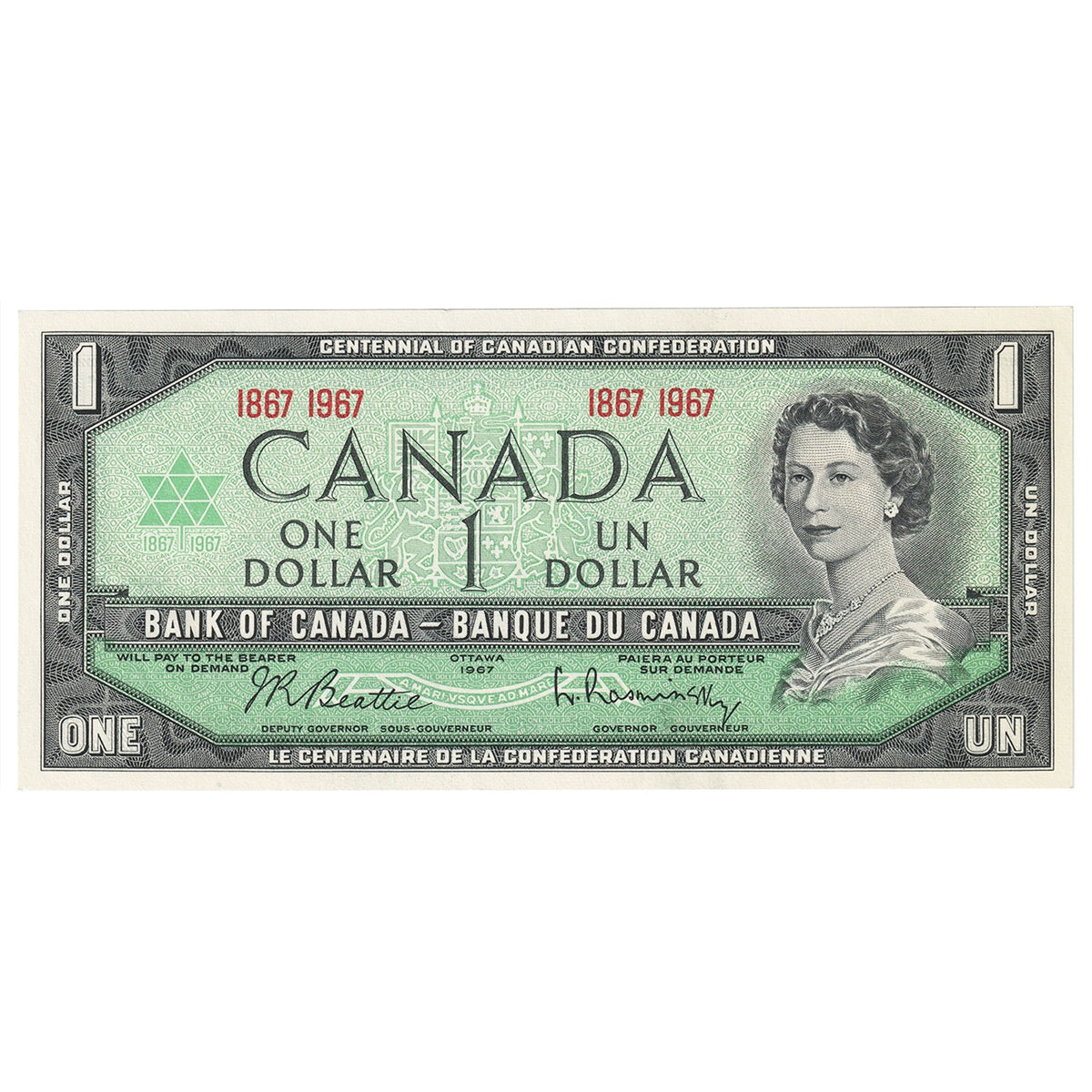 BC-45a 1967 Canada $1 Beattie-Rasminsky, 1867-1967, No Serial #, Almost Uncirculated (AU50)