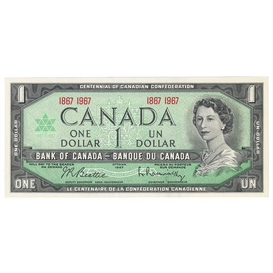 BC-45a 1967 Canada $1 Beattie-Rasminsky, No Serial #, Almost Uncirculated (AU50)