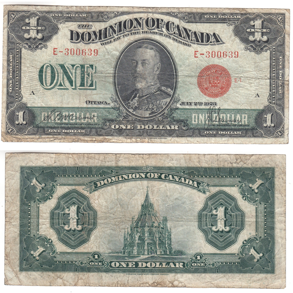 DC-25b 1923 Dominion $1 McCavour-Saunders, Red Seal Group One, E, VG-F (VG10)