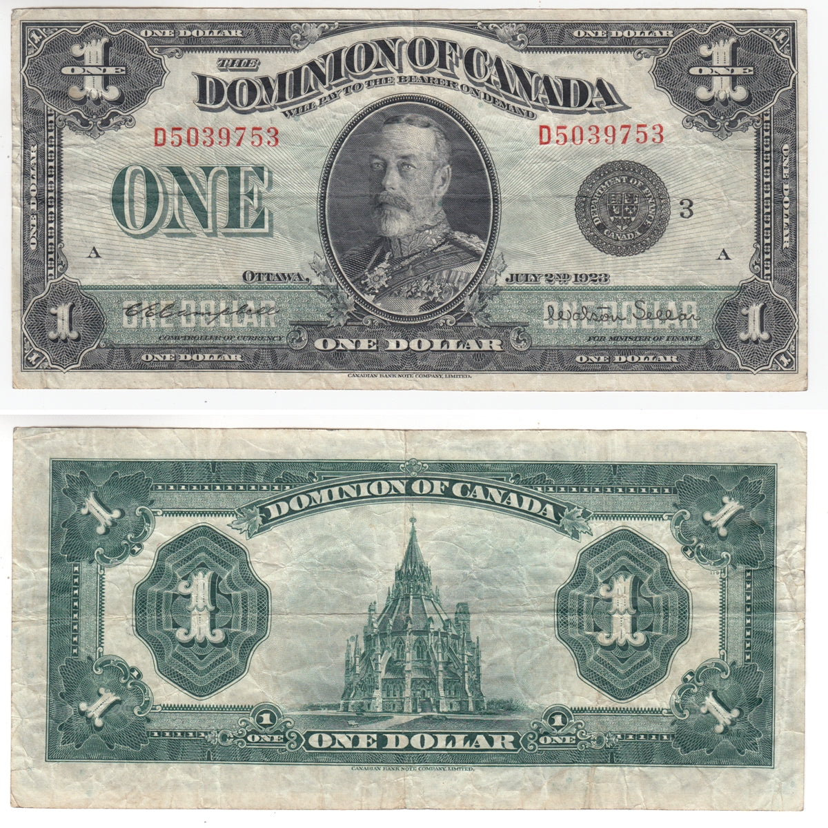 DC-25n 1923 Dominion $1 Campbell-Sellar, Black Seal, Group 3, F-VF (F15)