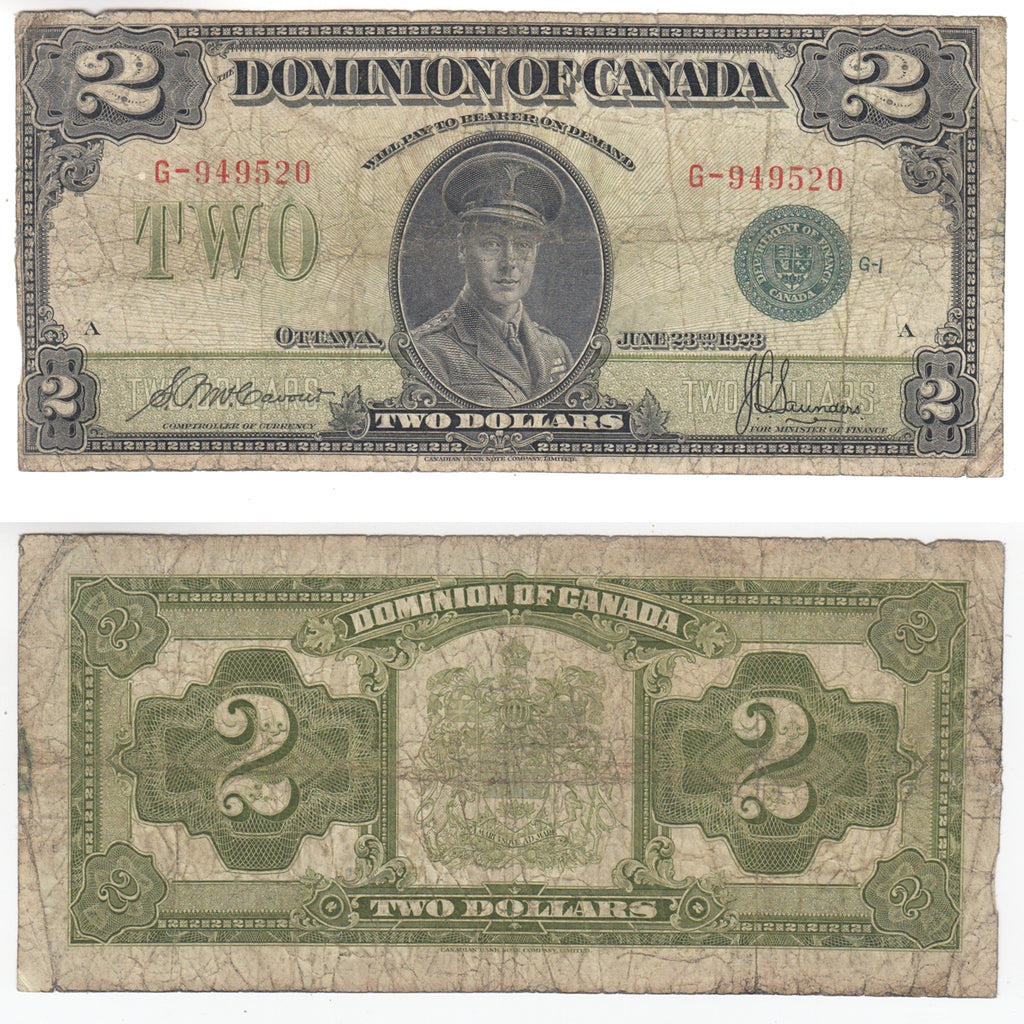 DC-26d 1923 Dominion $2 McCavour-Saunders, Green Seal, Group 1, VG-F (VG10)