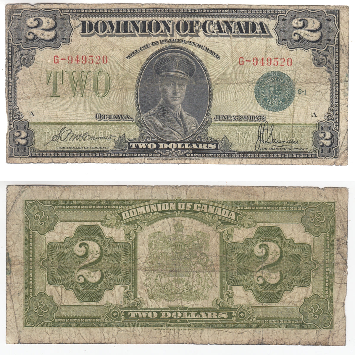 DC-26d 1923 Dominion $2 McCavour-Saunders, Green Seal, Group 1, VG-F (VG10)