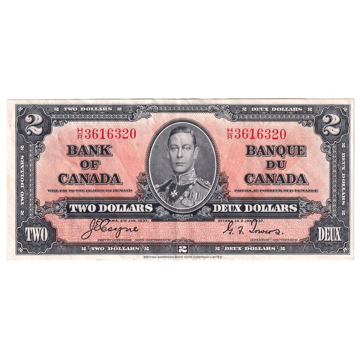 BC-22c 1937 Canada $2 Coyne-Towers, H/R, EF-AU