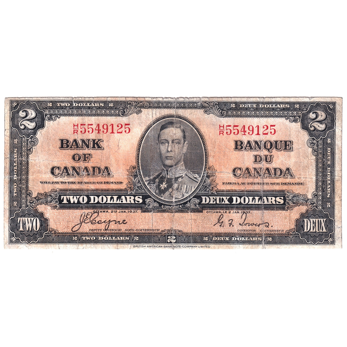BC-22c 1937 Canada $2 Coyne-Towers, H/R, CIRC