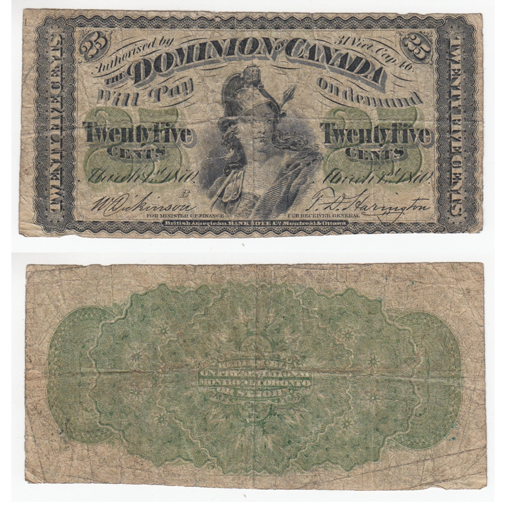 DC-1b 1870 Dominion 25 cent Shinplaster Dickinson-Harington, Large B, VG-F (VG10)