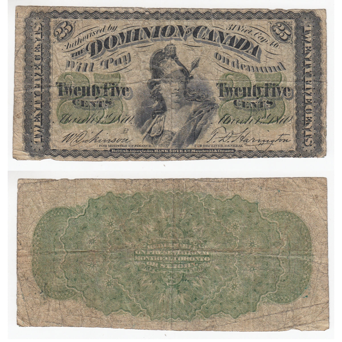 DC-1b 1870 Dominion 25 cent Shinplaster Dickinson-Harington, Large B, VG-F (VG10)