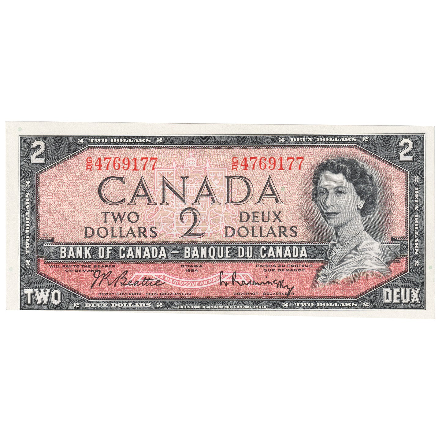 BC-38b 1954 Canada $2 Beattie-Rasminsky, G/R, AU-UNC