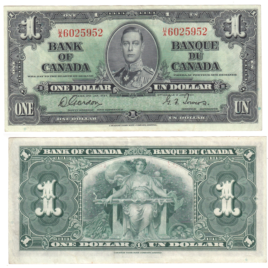 BC-21c 1937 Canada $1 Gordon-Towers, U/A, Extra Fine (EF40)