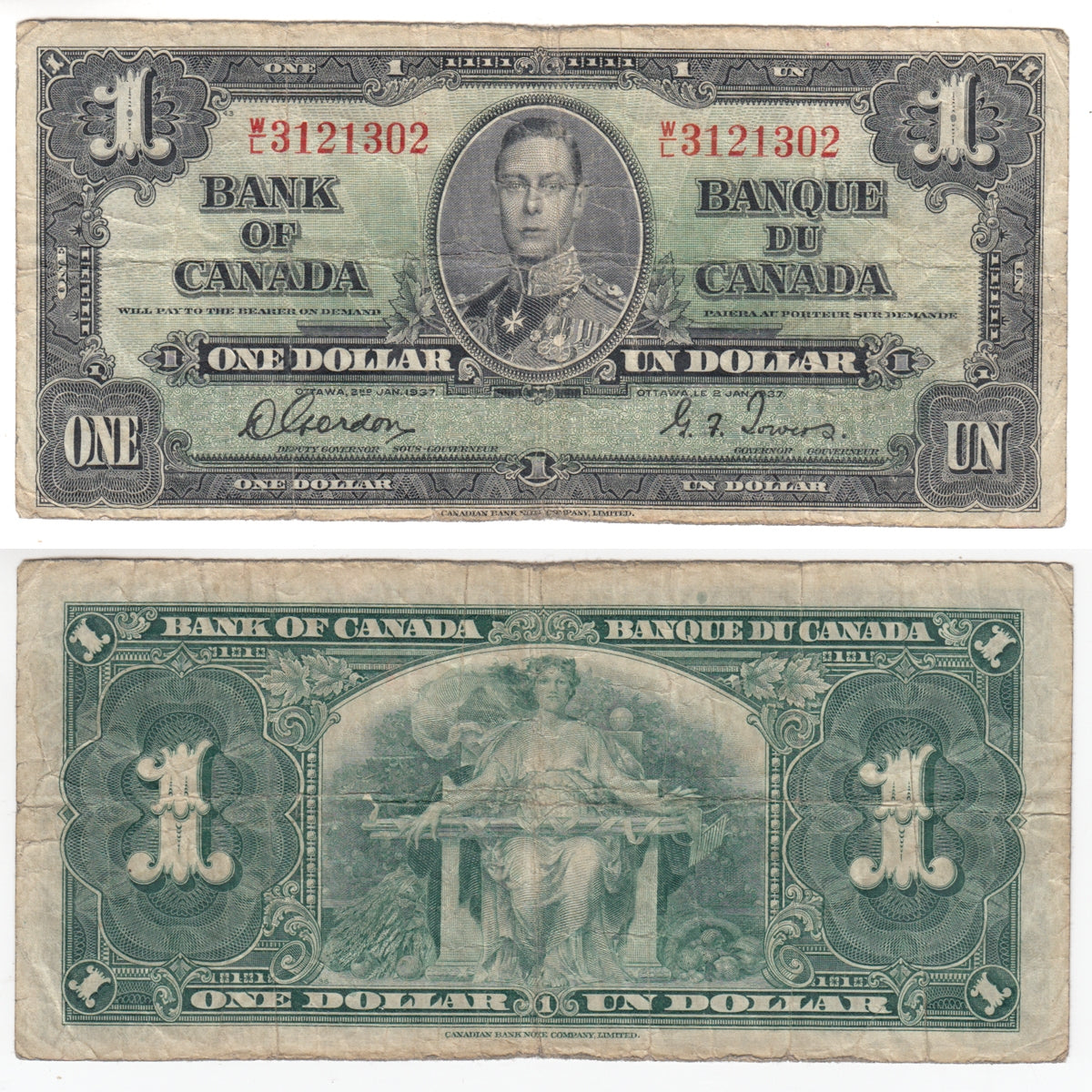 BC-21c 1937 Canada $1 Gordon-Towers, W/L, Very Good (VG8)