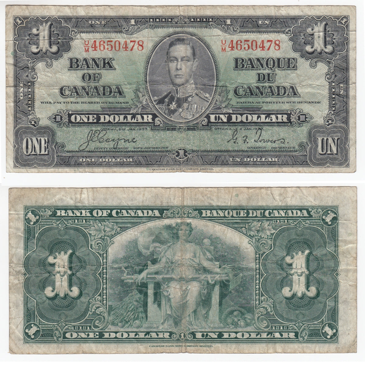 BC-21d 1937 Canada $1 Coyne-Towers, U/M, Fine (F12)