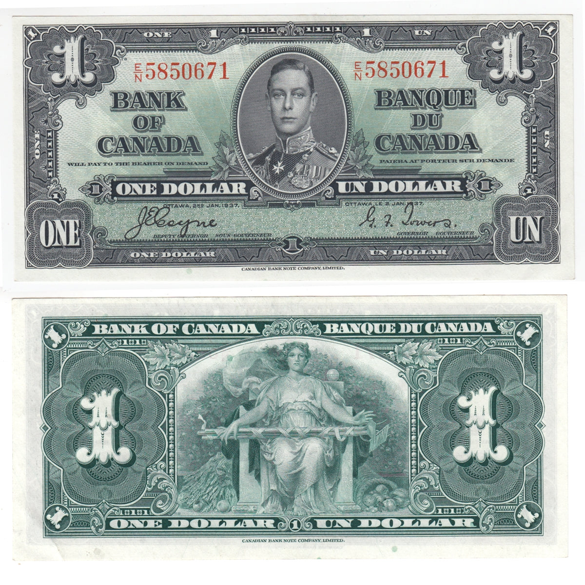 BC-21d 1937 Canada $1 Coyne-Towers, E/N, Almost Uncirculated (AU50)