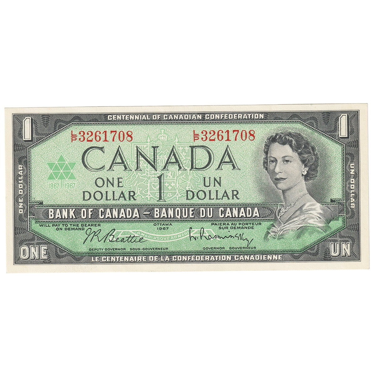 BC-45b-i 1967 Canada $1 Beattie-Rasminsky, L/B, Choice Uncirculated (CUNC63)