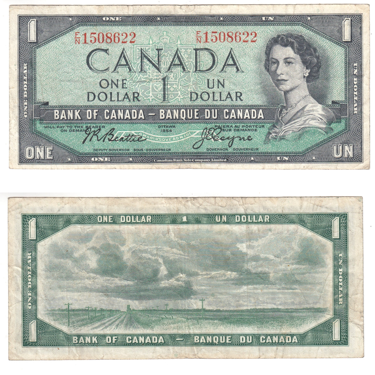 BC-37a 1954 Canada $1 Beattie-Coyne, F/N, F-VF (F15)
