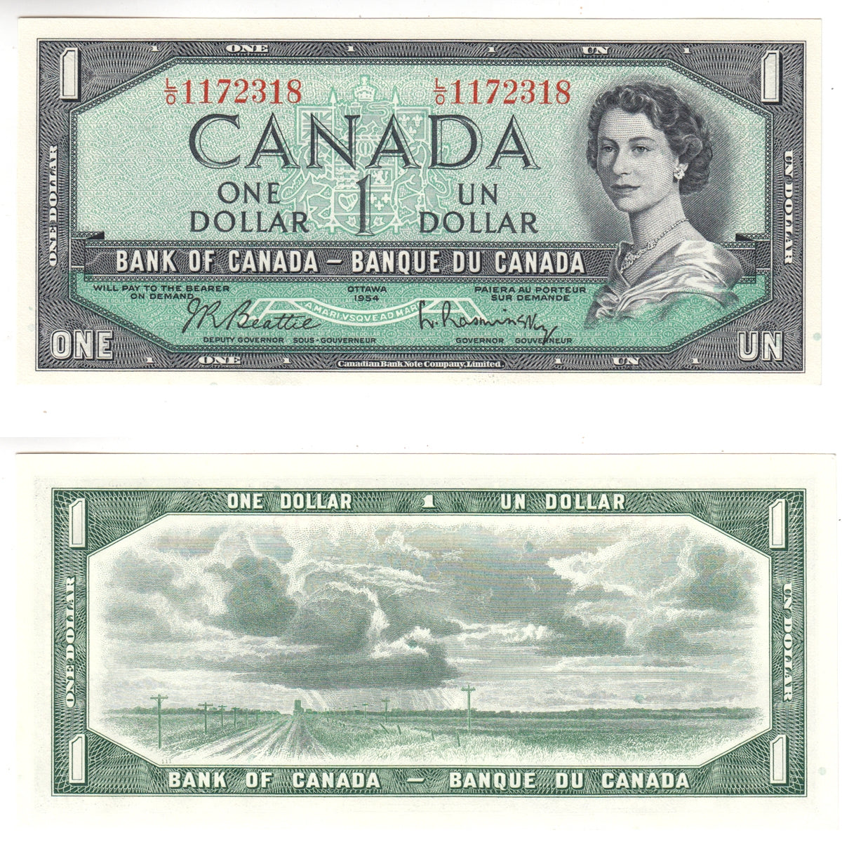 BC-37b 1954 Canada $1 Beattie-Rasminsky, L/O, Choice Uncirculated (CUNC63)