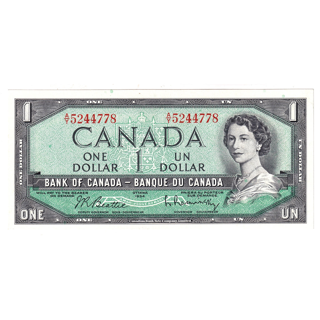 BC-37b 1954 Canada $1 Beattie-Rasminsky, A/Y, Almost Uncirculated (AU50)