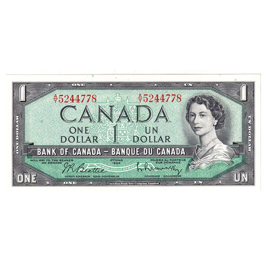 BC-37b 1954 Canada $1 Beattie-Rasminsky, A/Y, Almost Uncirculated (AU50)