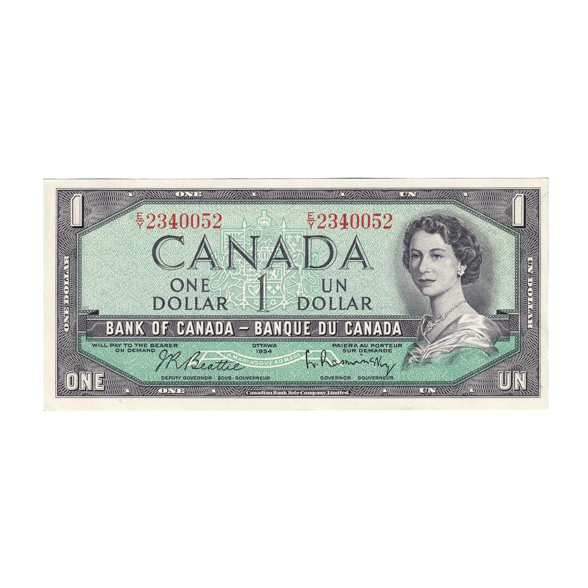 BC-37b 1954 Canada $1 Beattie-Rasminsky, E/Y, AU-UNC (AU55)