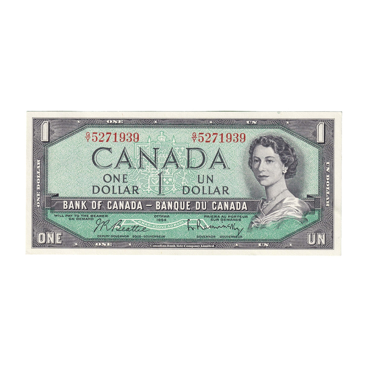 BC-37b 1954 Canada $1 Beattie-Rasminsky, G/Y, Uncirculated (MS60)