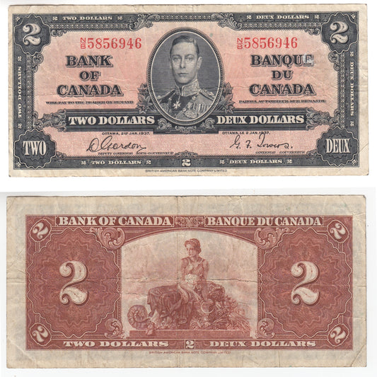 BC-22b 1937 Canada $2 Gordon-Towers, N/B, F-VF (F15)