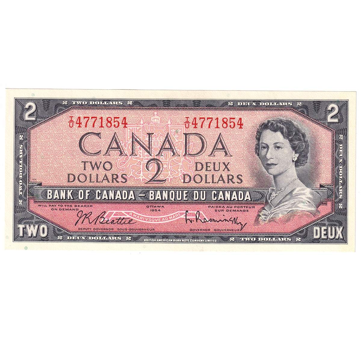 BC-38b 1954 Canada $2 Beattie-Rasminsky, I/U, Uncirculated (MS60)