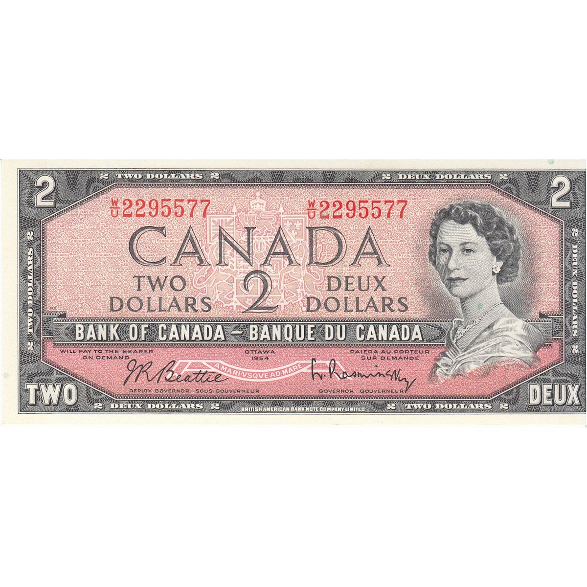 BC-38b 1954 Canada $2 Beattie-Rasminsky, W/U, Uncirculated (MS60)