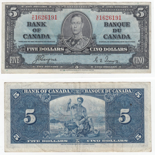 BC-23c 1937 Canada $5 Coyne-Towers, Y/C, VF