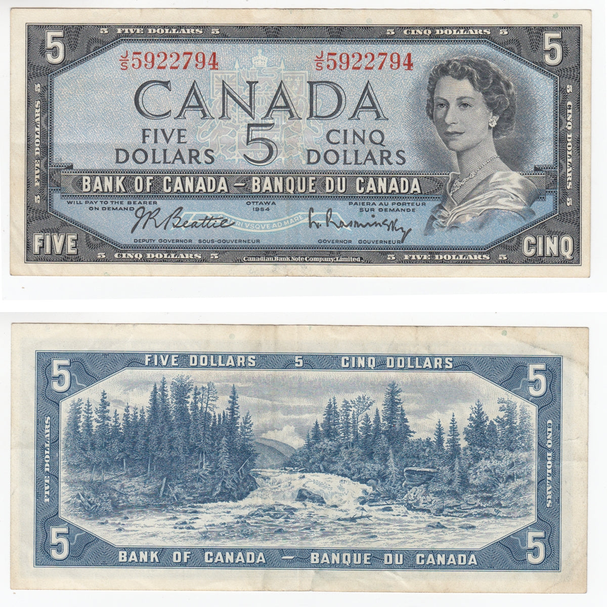 BC-39b 1954 Canada $5 Beattie-Rasminsky, J/S, Extra Fine (EF40)