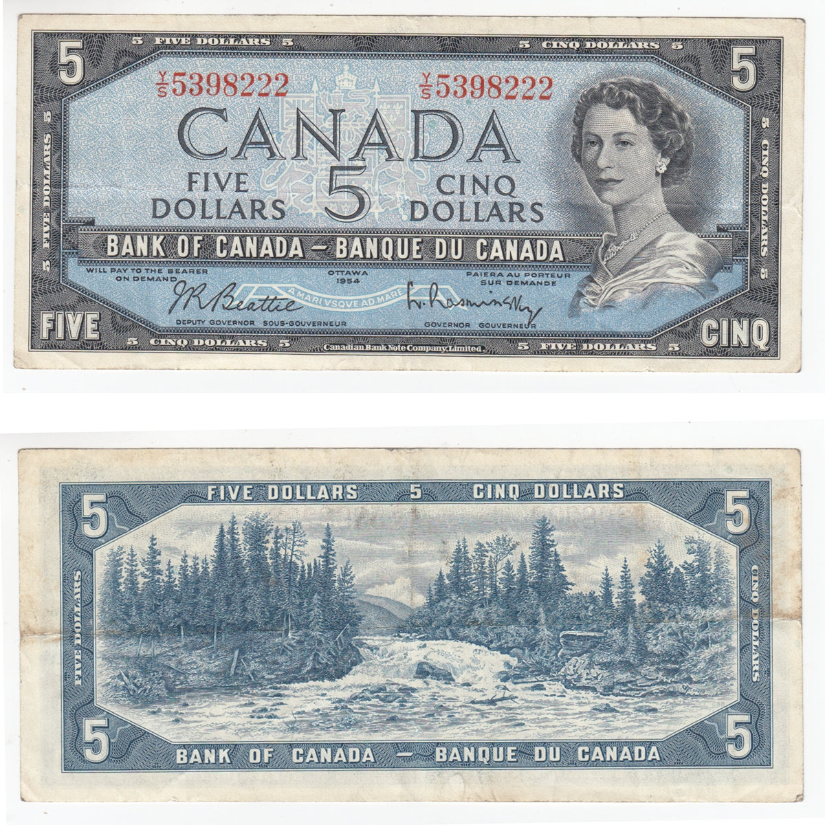BC-39b 1954 Canada $5 Beattie-Rasminsky, Y/S, Very Fine (VF20)