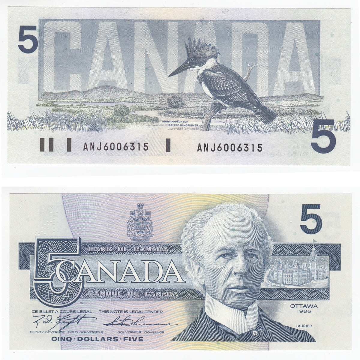BC-56d 1986 Canada $5 Knight-Thiessen, ANJ, Gem Uncirculated (GUNC65)