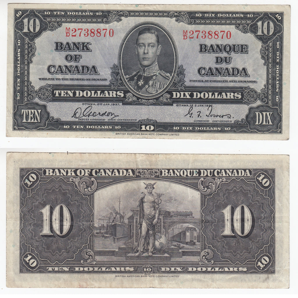 BC-24b 1937 Canada $10 Gordon-Towers, M/D, Very Fine (VF20)
