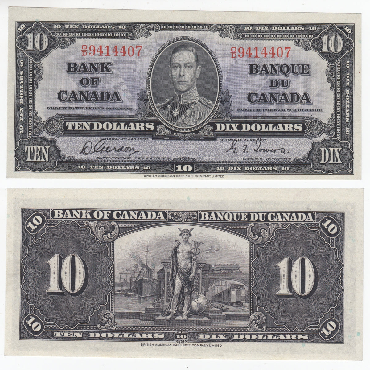 BC-24b 1937 Canada $10 Gordon-Towers, O/D, Uncirculated (MS60)