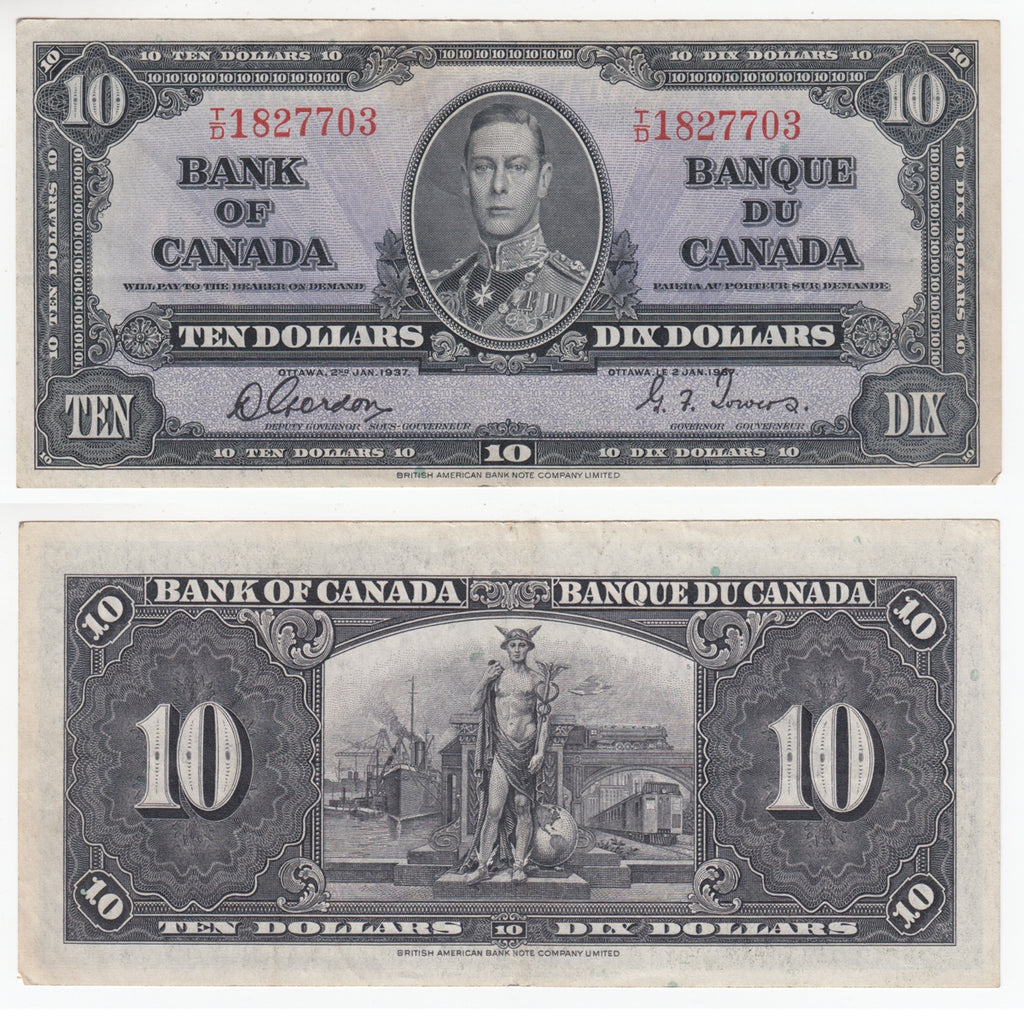 BC-24b 1937 Canada $10 Gordon-Towers, T/D, Extra Fine (EF40)
