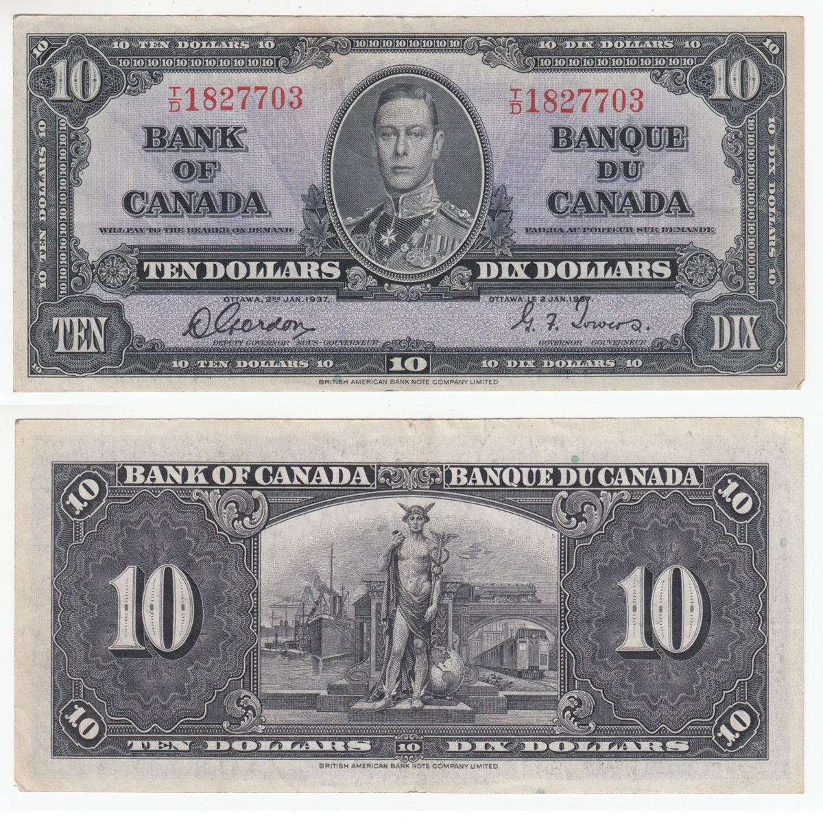BC-24b 1937 Canada $10 Gordon-Towers, T/D, Extra Fine (EF40)