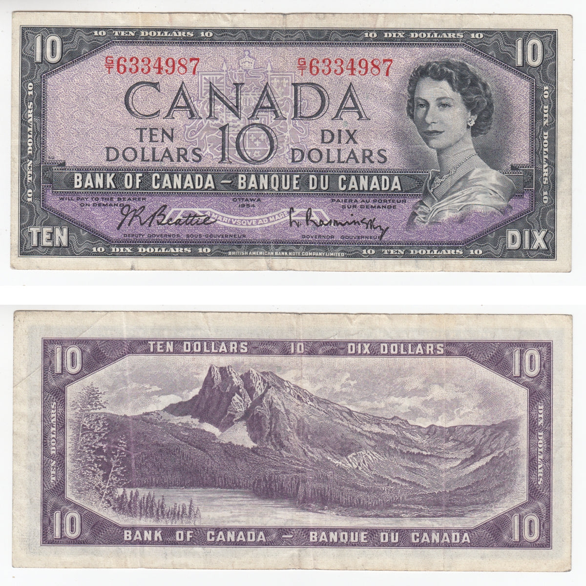 BC-40b 1954 Canada $10 Beattie-Rasminsky, G/T, F-VF (F15)