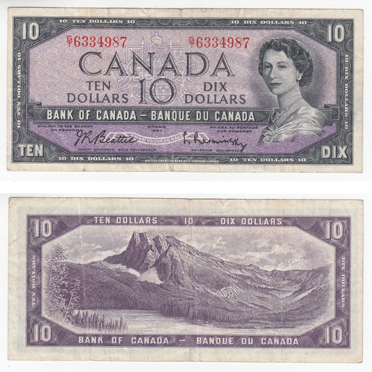 BC-40b 1954 Canada $10 Beattie-Rasminsky, G/T, F-VF (F15)