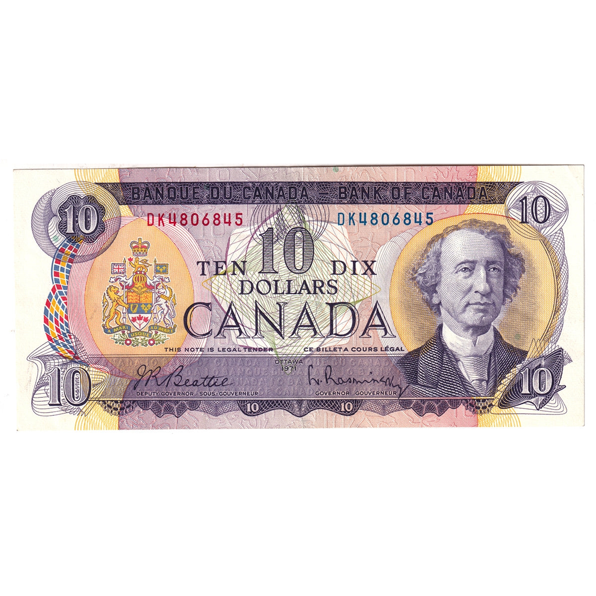 BC-49a 1971 Canada $10 Beattie-Rasminsky, DK, Almost Uncirculated (AU50)