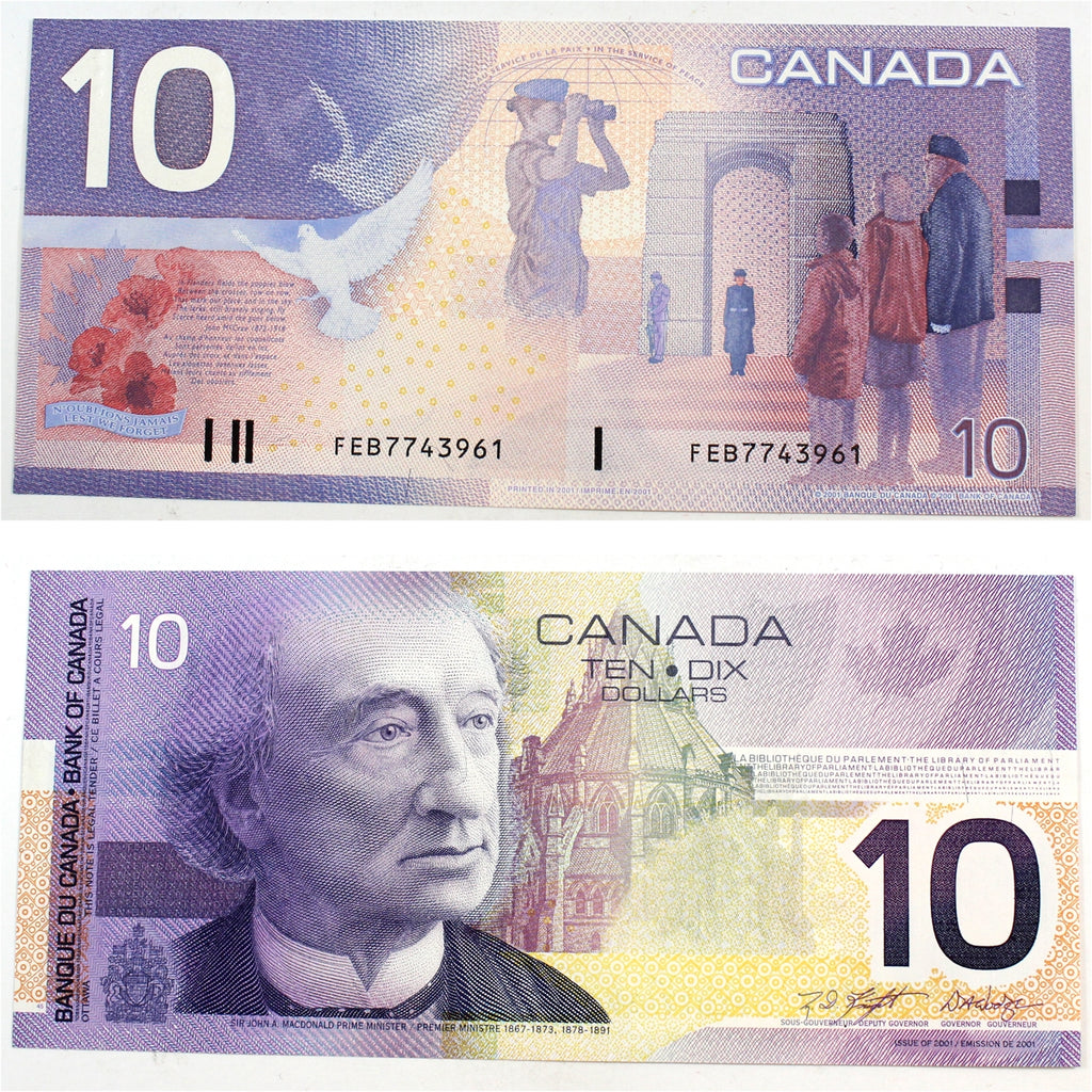 BC-63b 2001 Canada $10 Knight-Dodge, Missing Circle, FEB, AU-UNC (AU55)