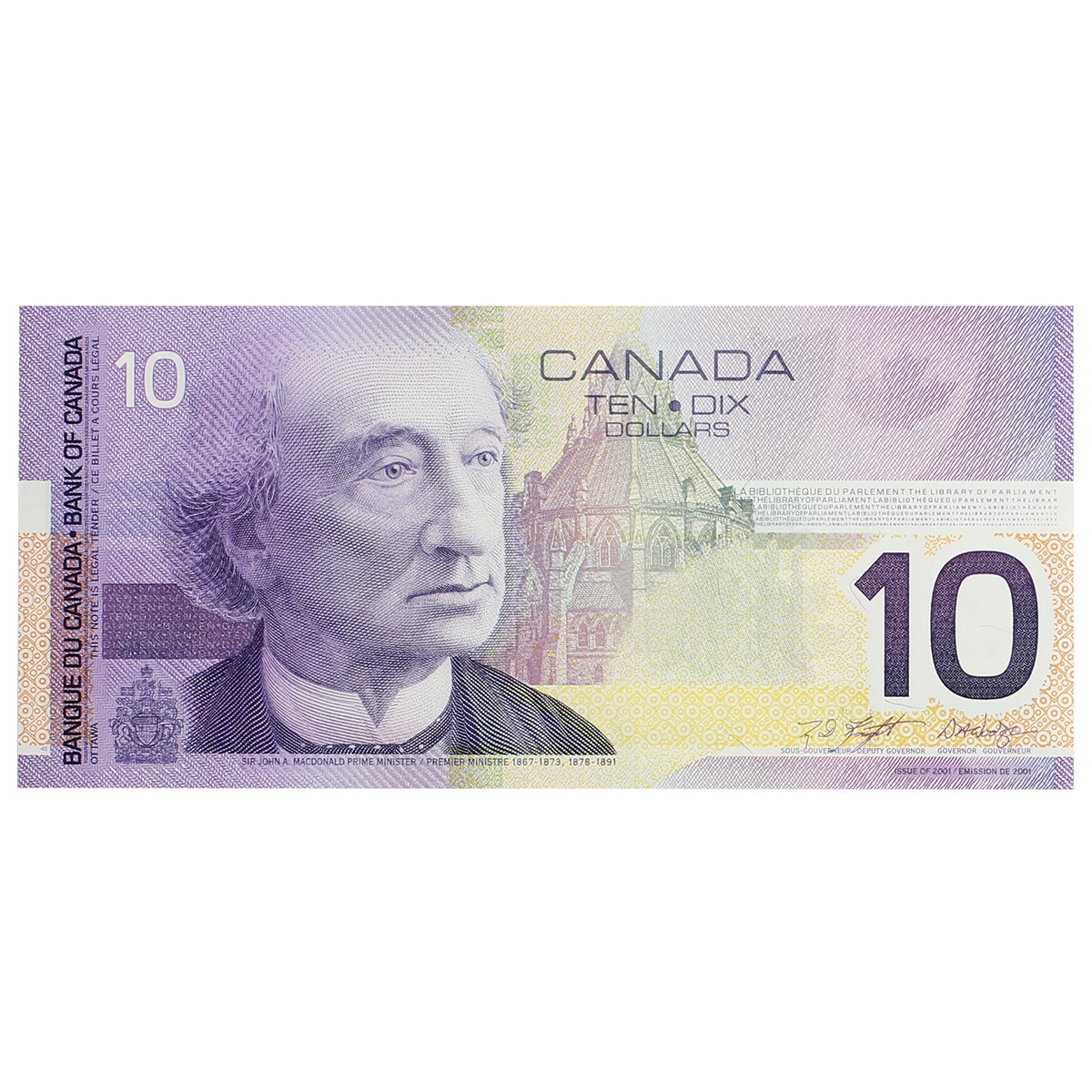 BC-63b 2001 Canada $10 Knight-Dodge, Missing Circle, FEC, Choice Uncirculated (CUNC63)