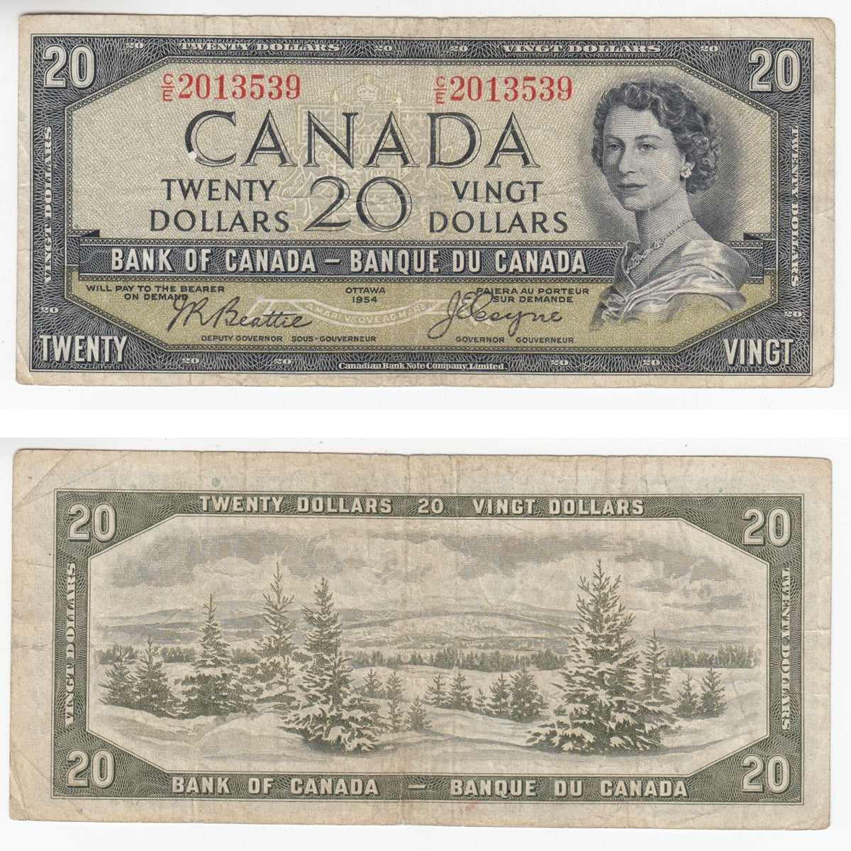 BC-33b 1954 Canada $20 Beattie-Coyne, Devil's Face, C/E, Very Good (VG8)
