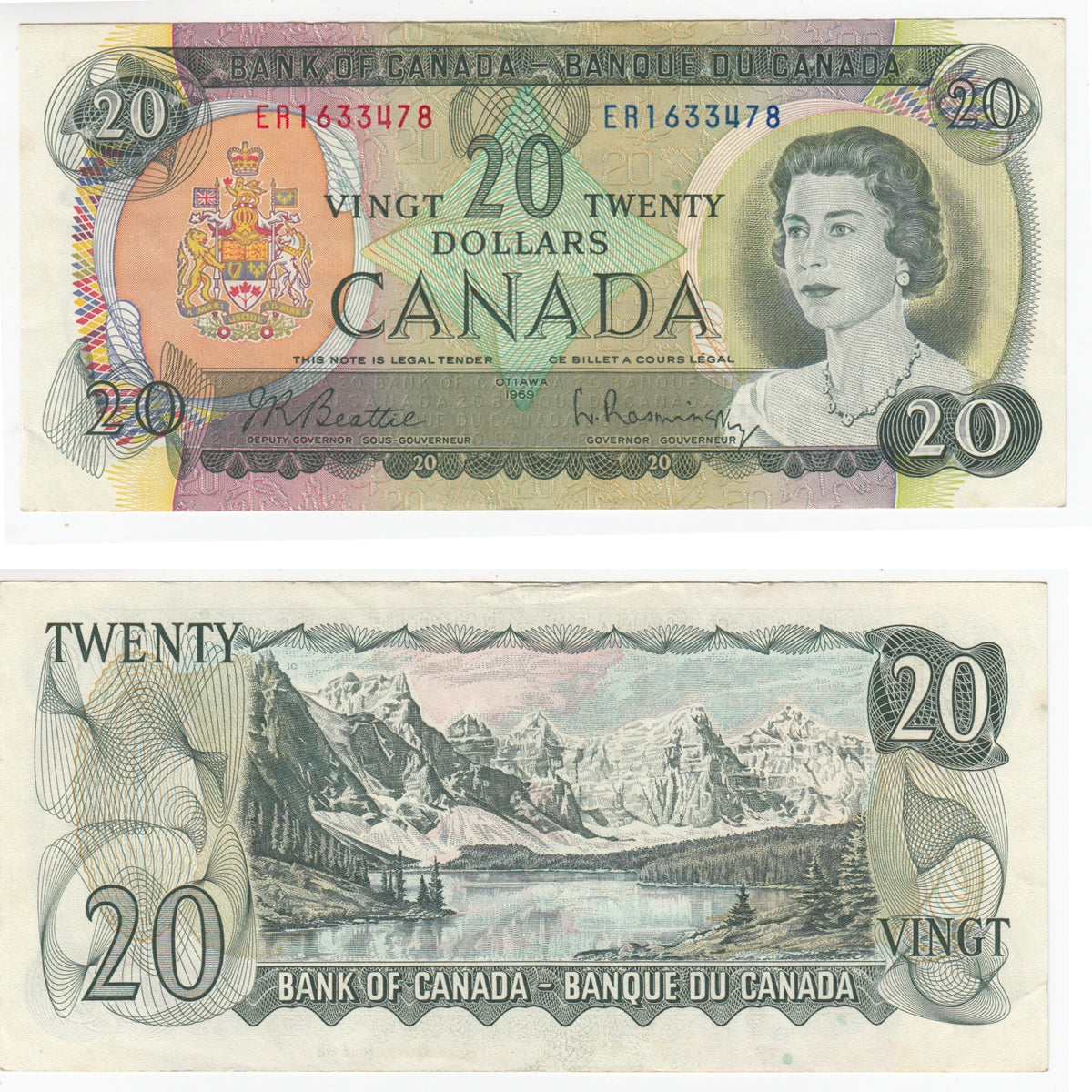 BC-50a 1969 Canada $20 Beattie-Rasminsky, ER, Almost Uncirculated (AU50)